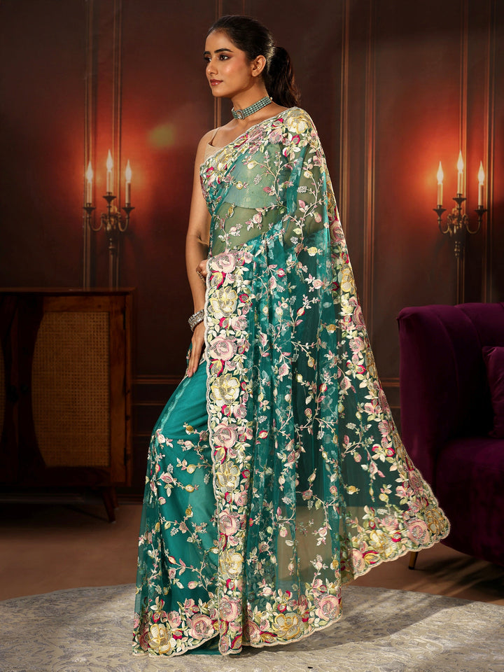 Libas Art Sea Green Floral Embroidered Net Saree