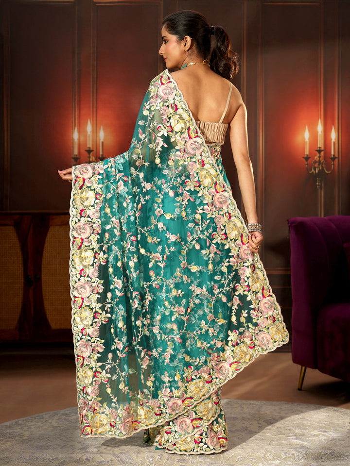 Libas Art Sea Green Floral Embroidered Net Saree