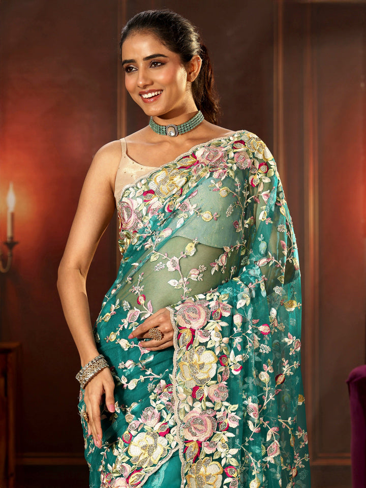 Libas Art Sea Green Floral Embroidered Net Saree