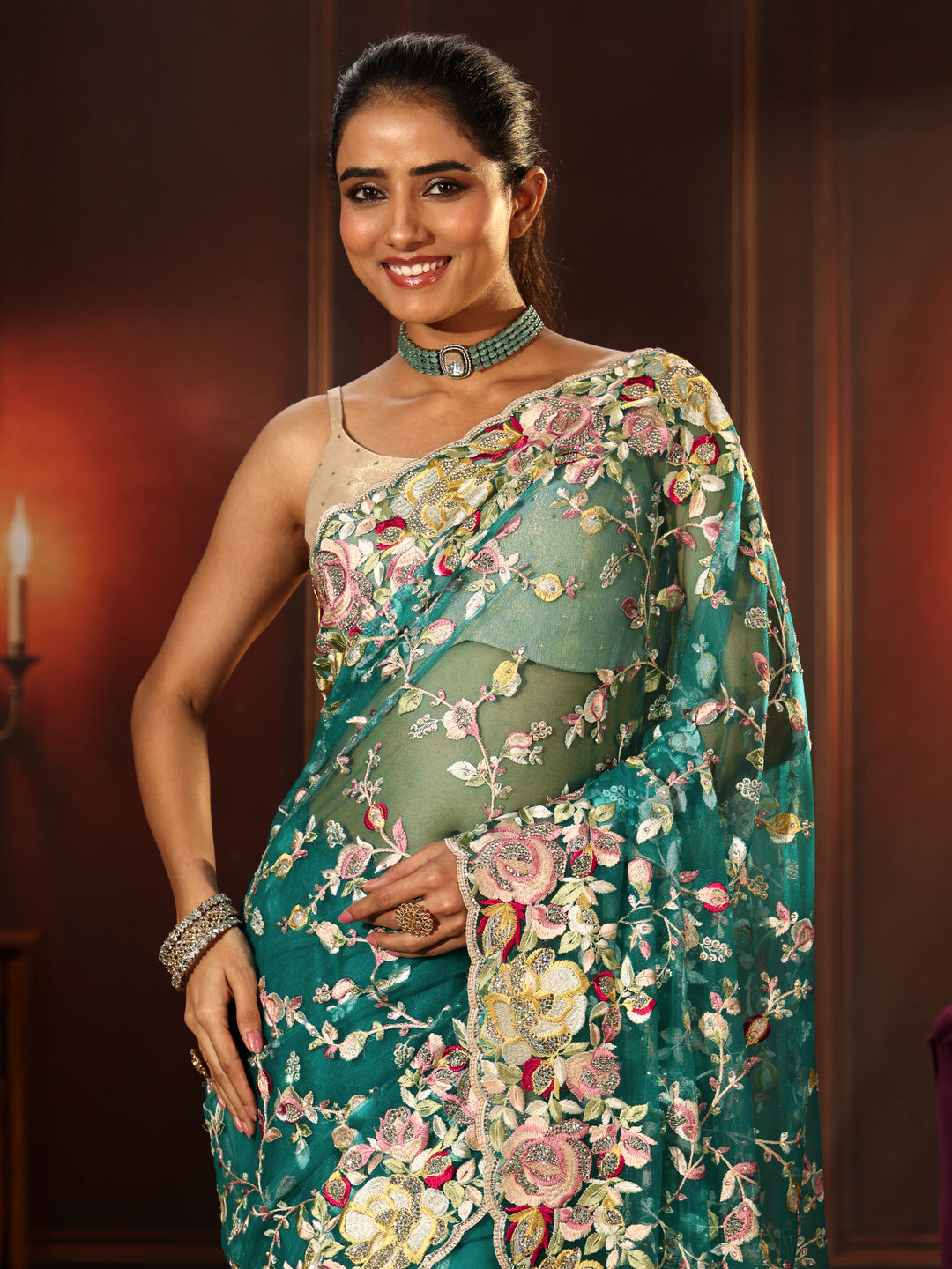Libas Art Sea Green Floral Embroidered Net Saree