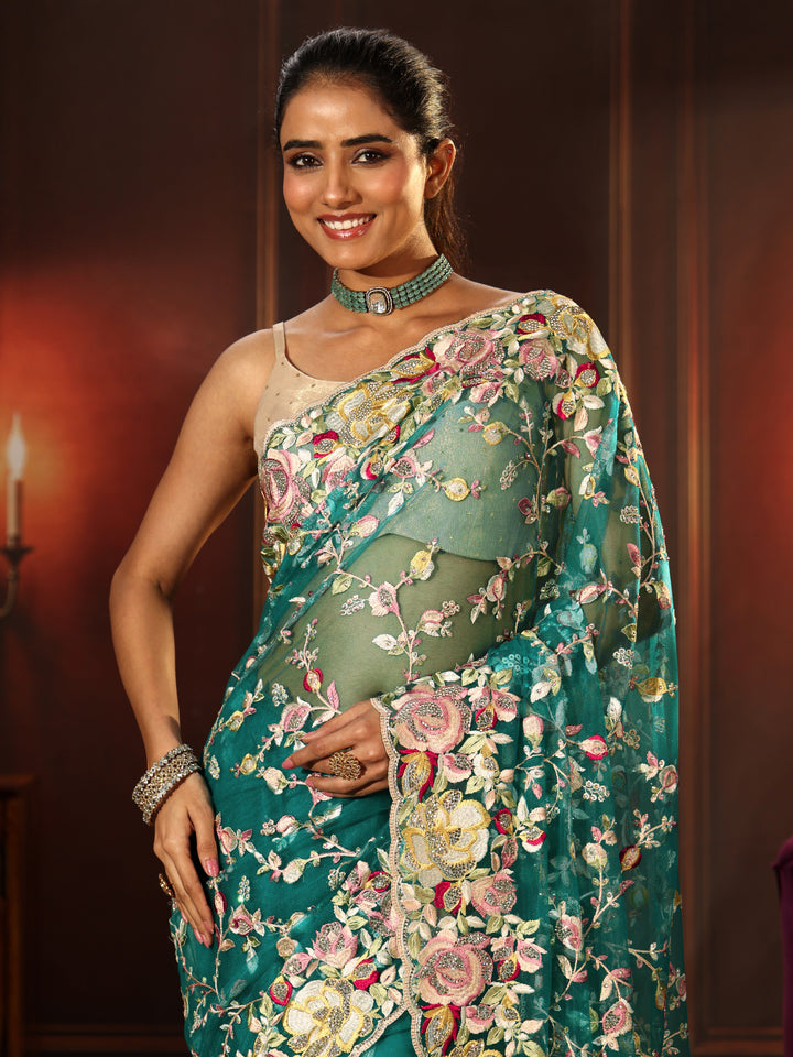 Libas Art Sea Green Floral Embroidered Net Saree