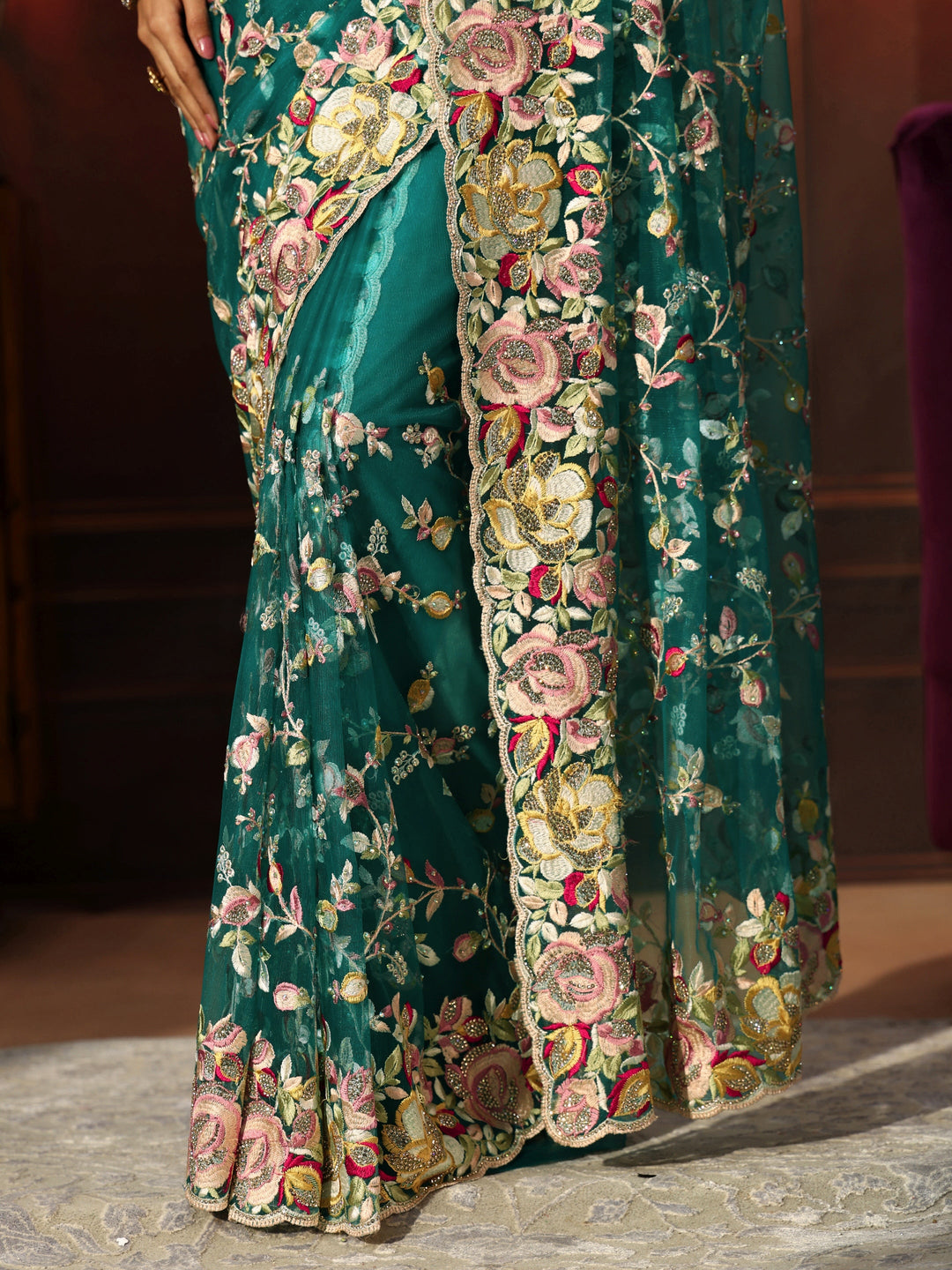 Libas Art Sea Green Floral Embroidered Net Saree