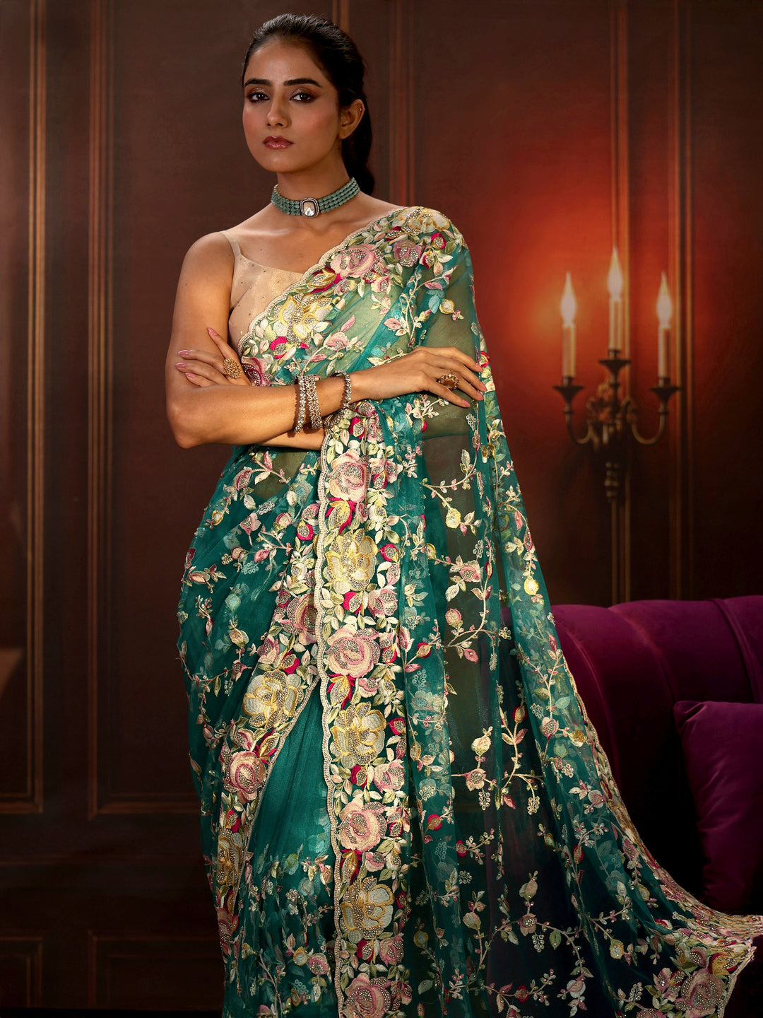 Libas Art Sea Green Floral Embroidered Net Saree