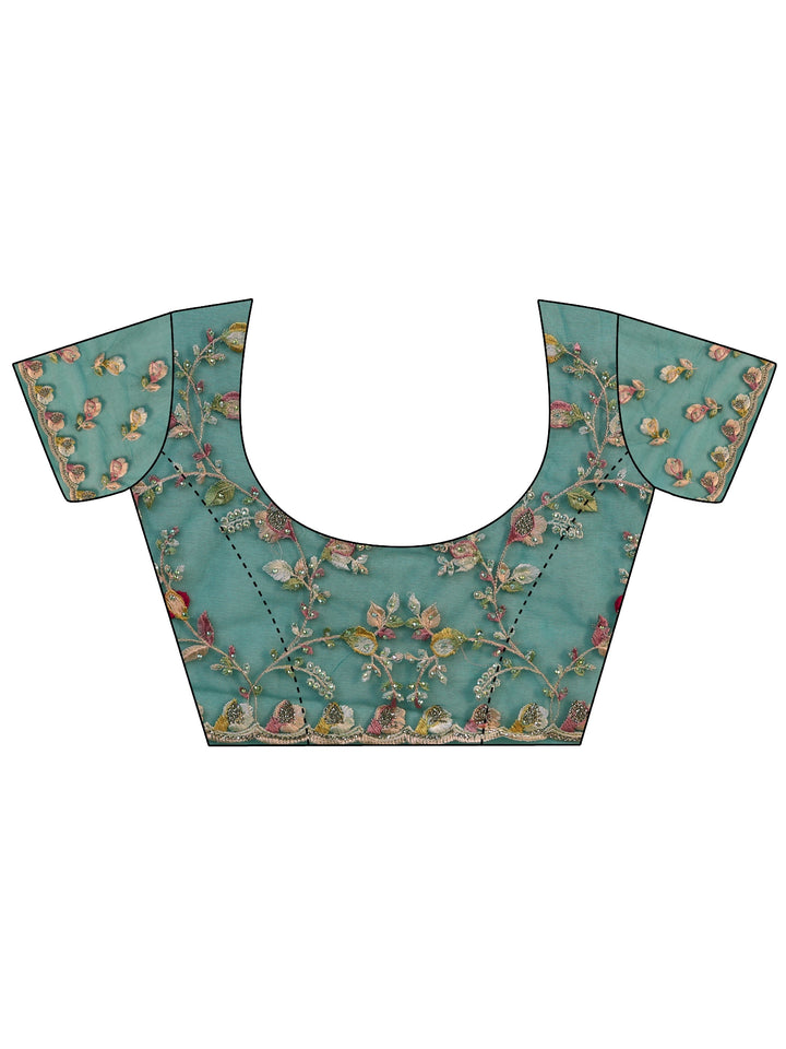 Libas Art Sea Green Floral Embroidered Net Saree