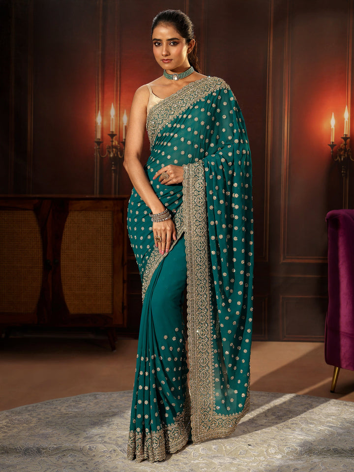 Libas Art Peacock Green Embellished Georgette Saree