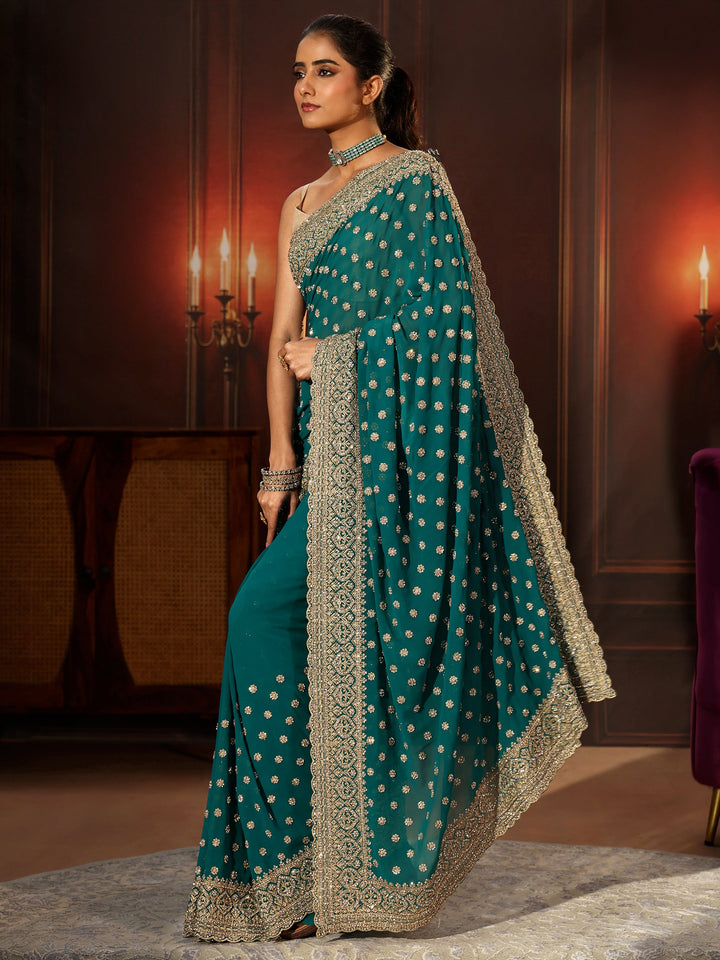 Libas Art Peacock Green Embellished Georgette Saree