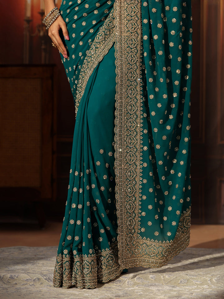 Libas Art Peacock Green Embellished Georgette Saree