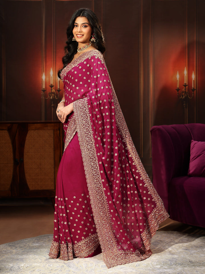 Libas Art Magenta Pink Embellished Georgette Saree