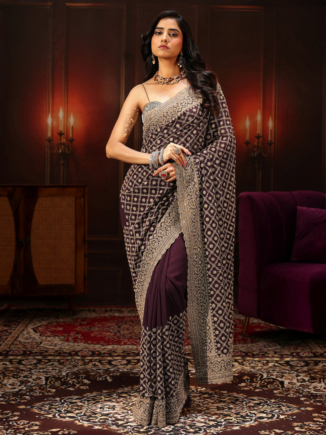 Libas Art Maroon Embellished Georgette Saree