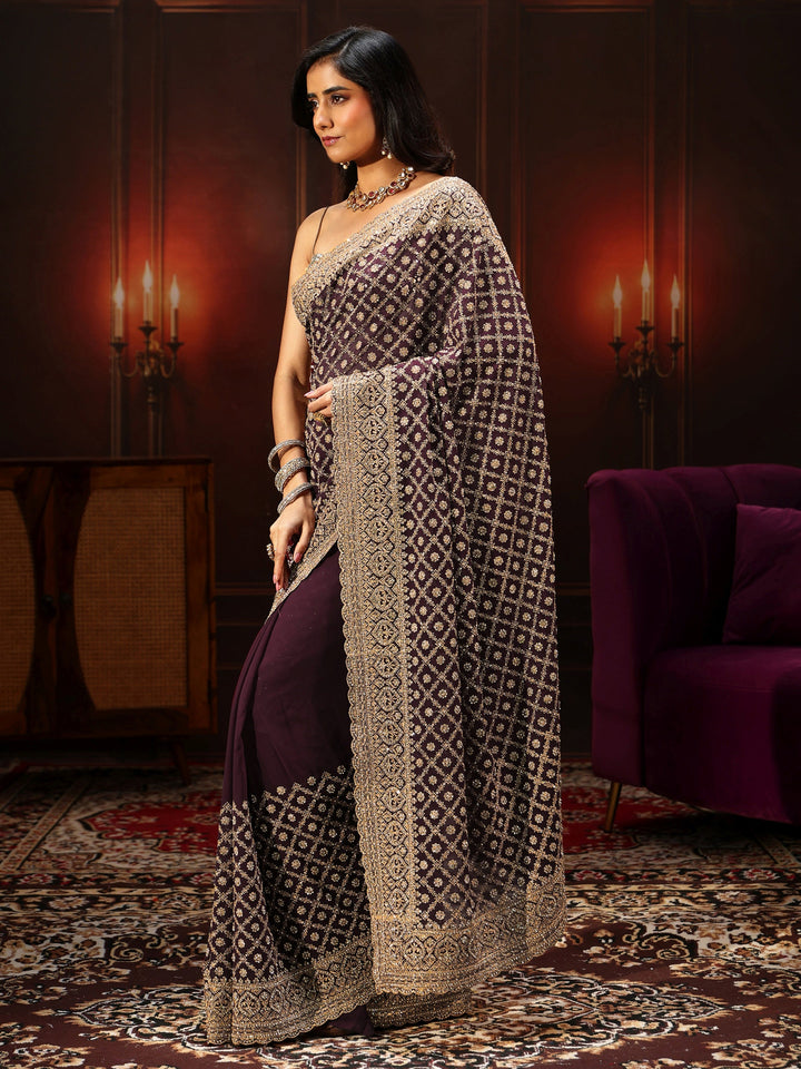 Libas Art Maroon Embellished Georgette Saree