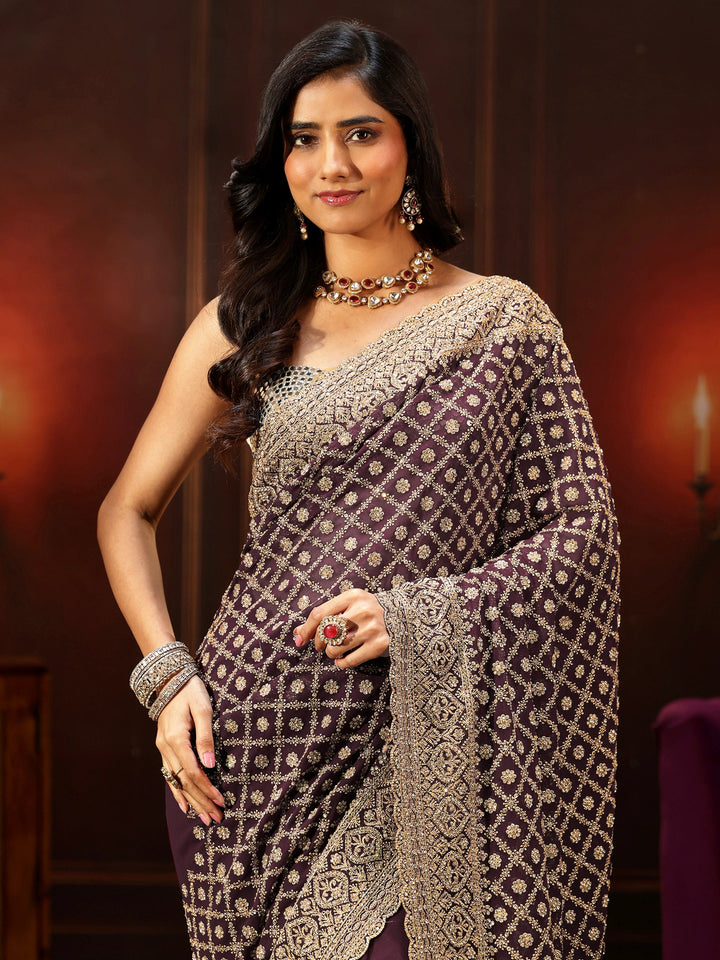 Libas Art Maroon Embellished Georgette Saree