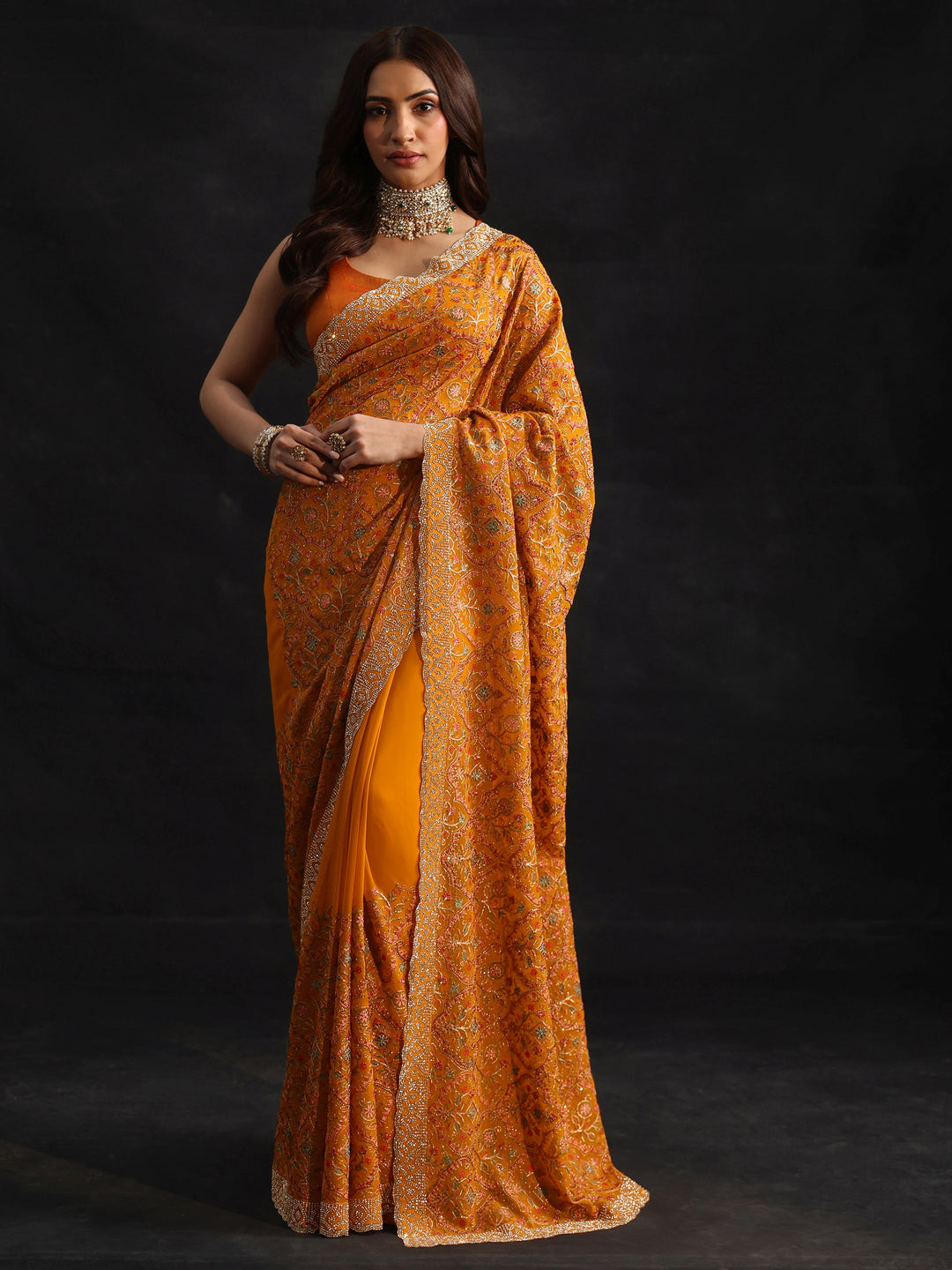 Libas Art Mustard Floral Embellished Georgette Saree
