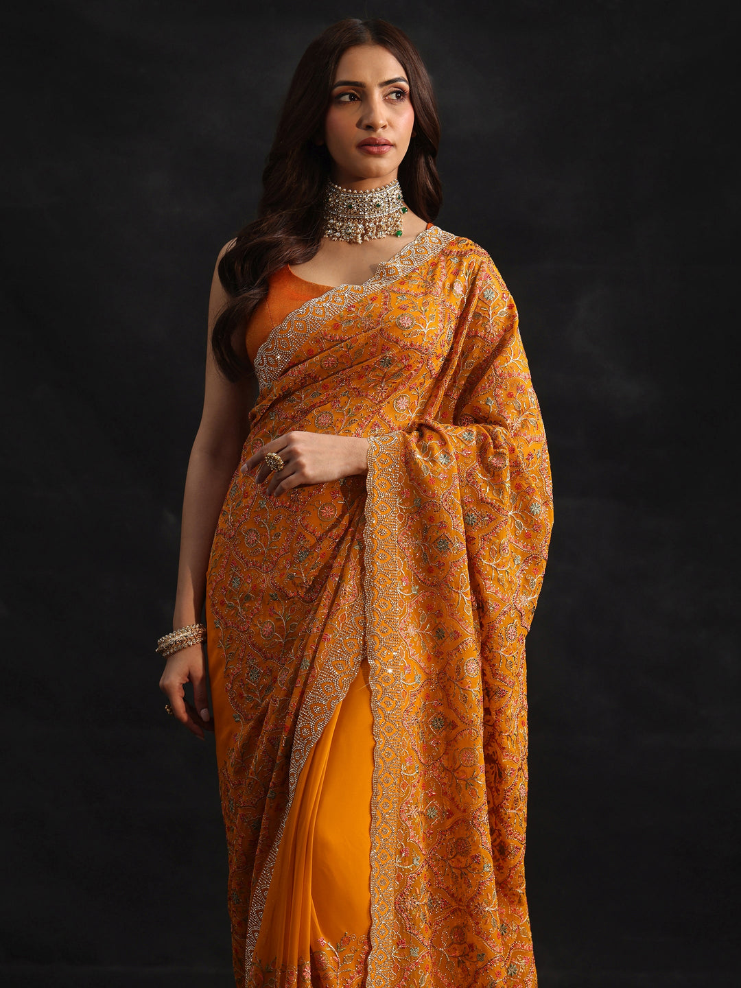 Libas Art Mustard Floral Embellished Georgette Saree
