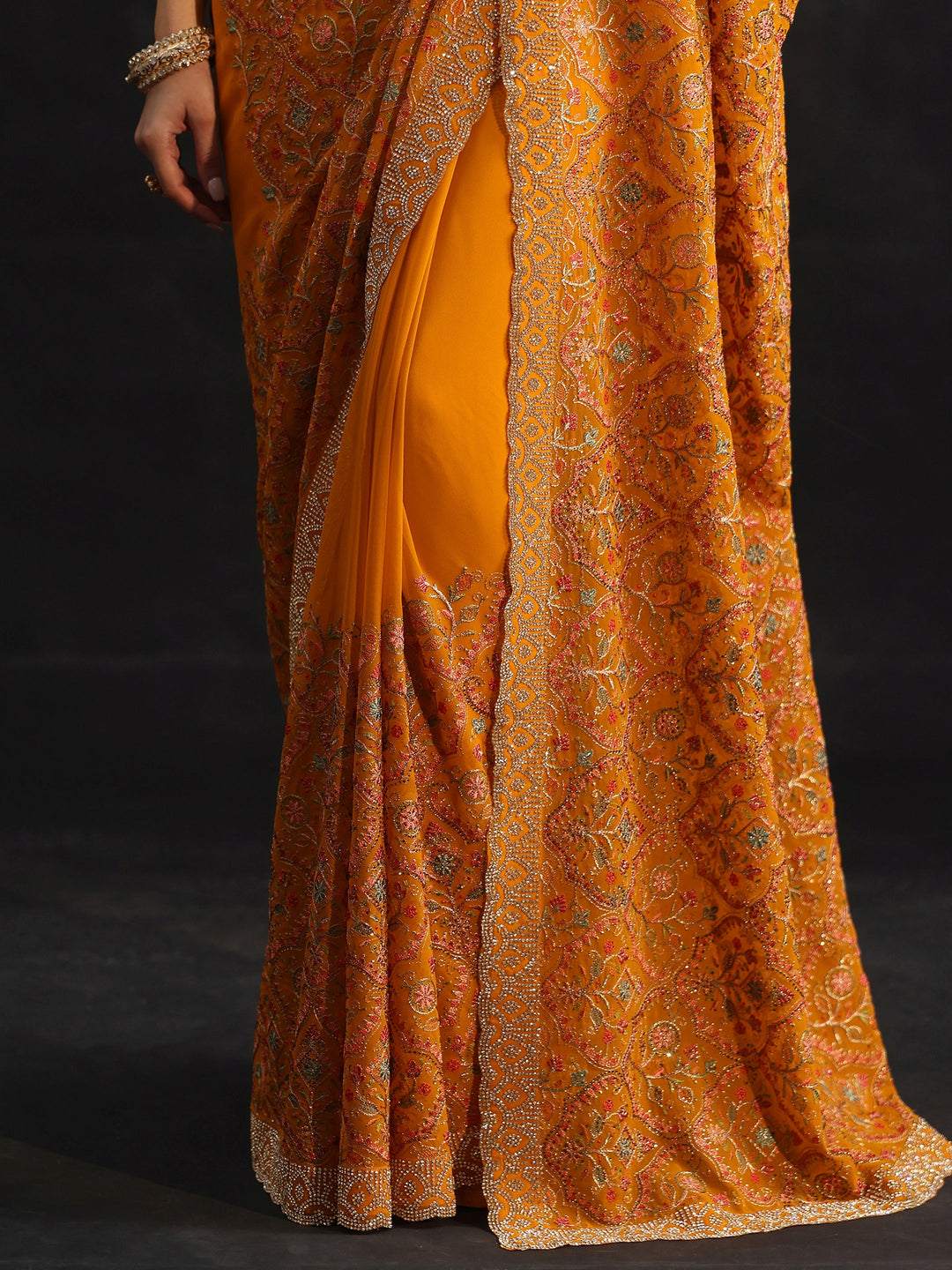 Libas Art Mustard Floral Embellished Georgette Saree