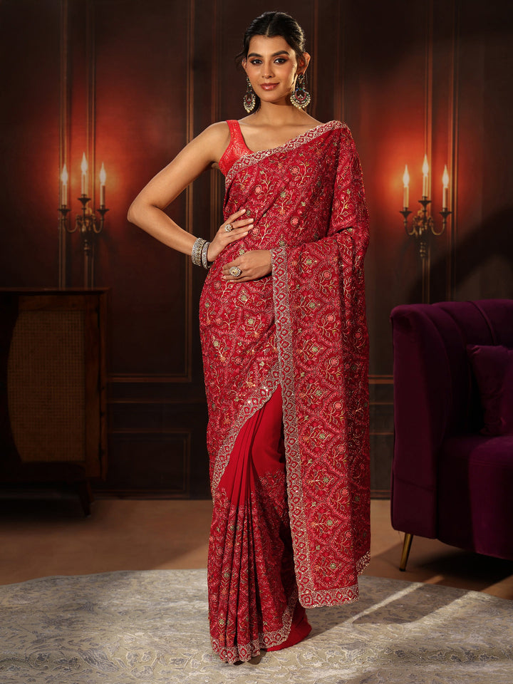 Libas Art Crimson Red Floral Embroidered Georgette Saree