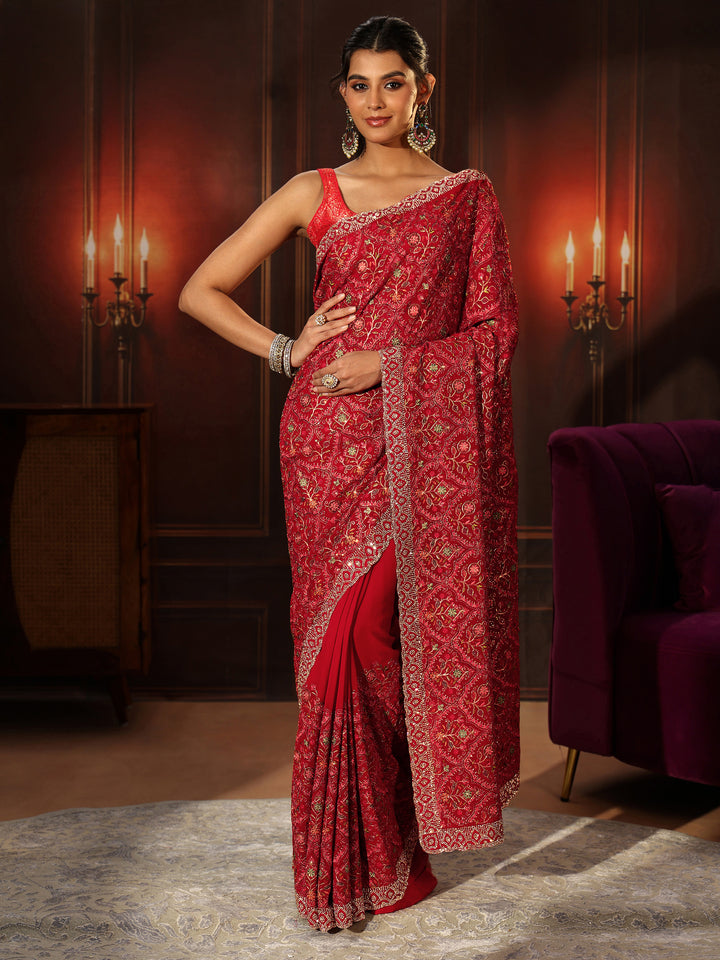 Libas Art Crimson Red Floral Embroidered Georgette Saree