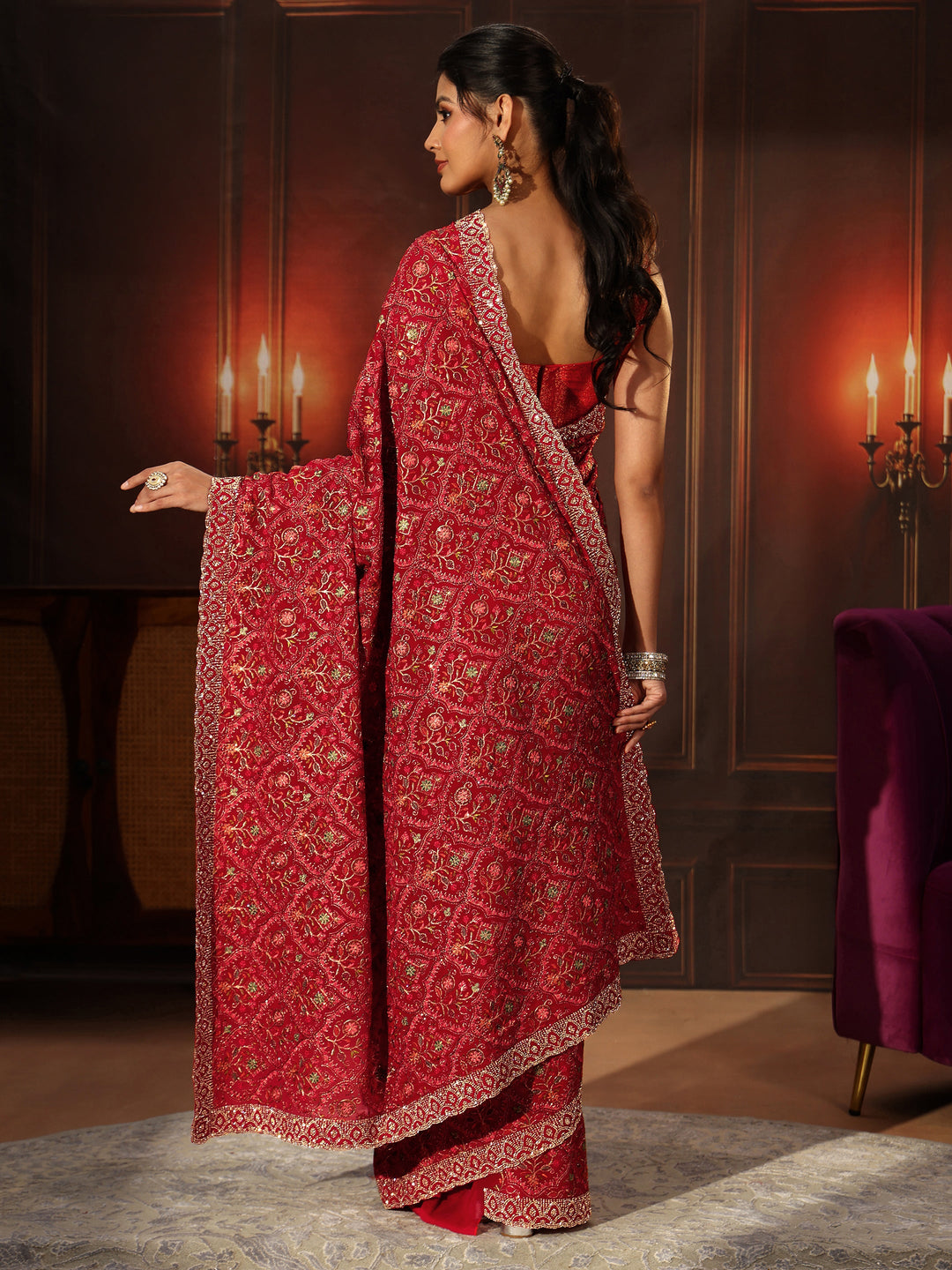 Libas Art Crimson Red Floral Embroidered Georgette Saree