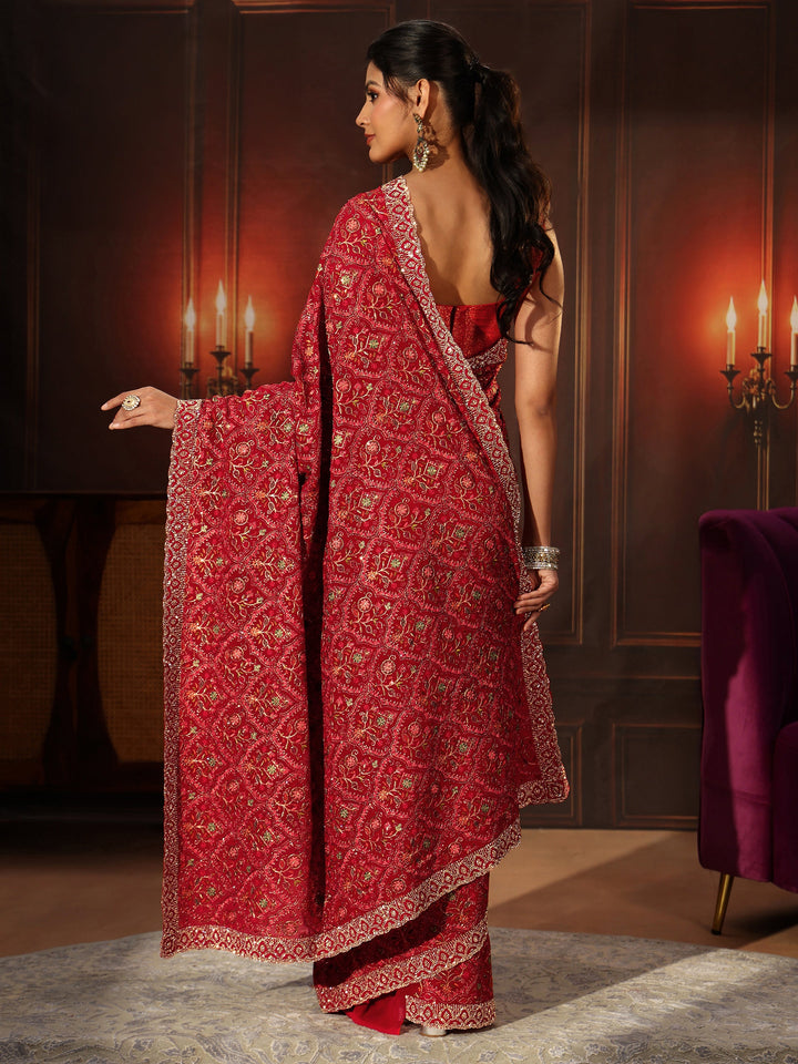 Libas Art Crimson Red Floral Embroidered Georgette Saree