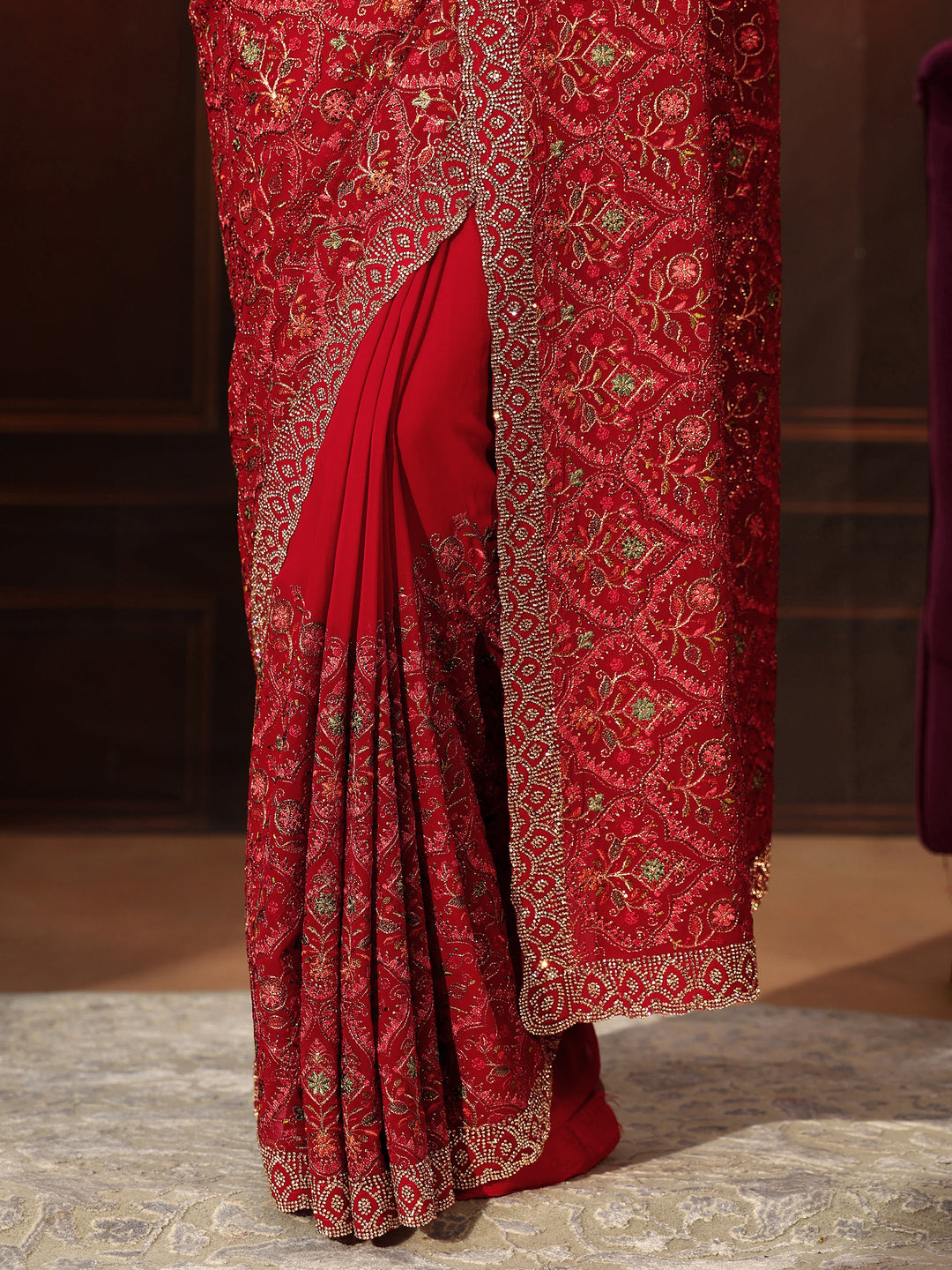 Libas Art Crimson Red Floral Embroidered Georgette Saree