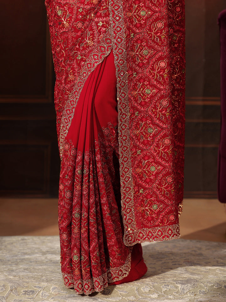 Libas Art Crimson Red Floral Embroidered Georgette Saree