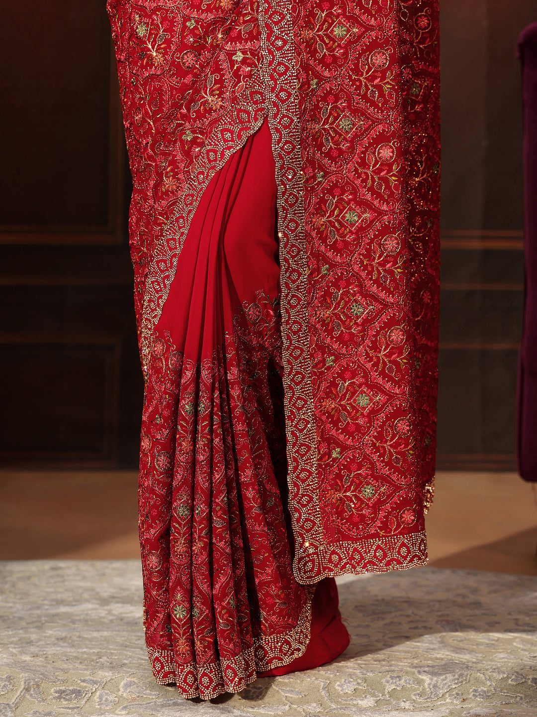 Libas Art Crimson Red Floral Embroidered Georgette Saree