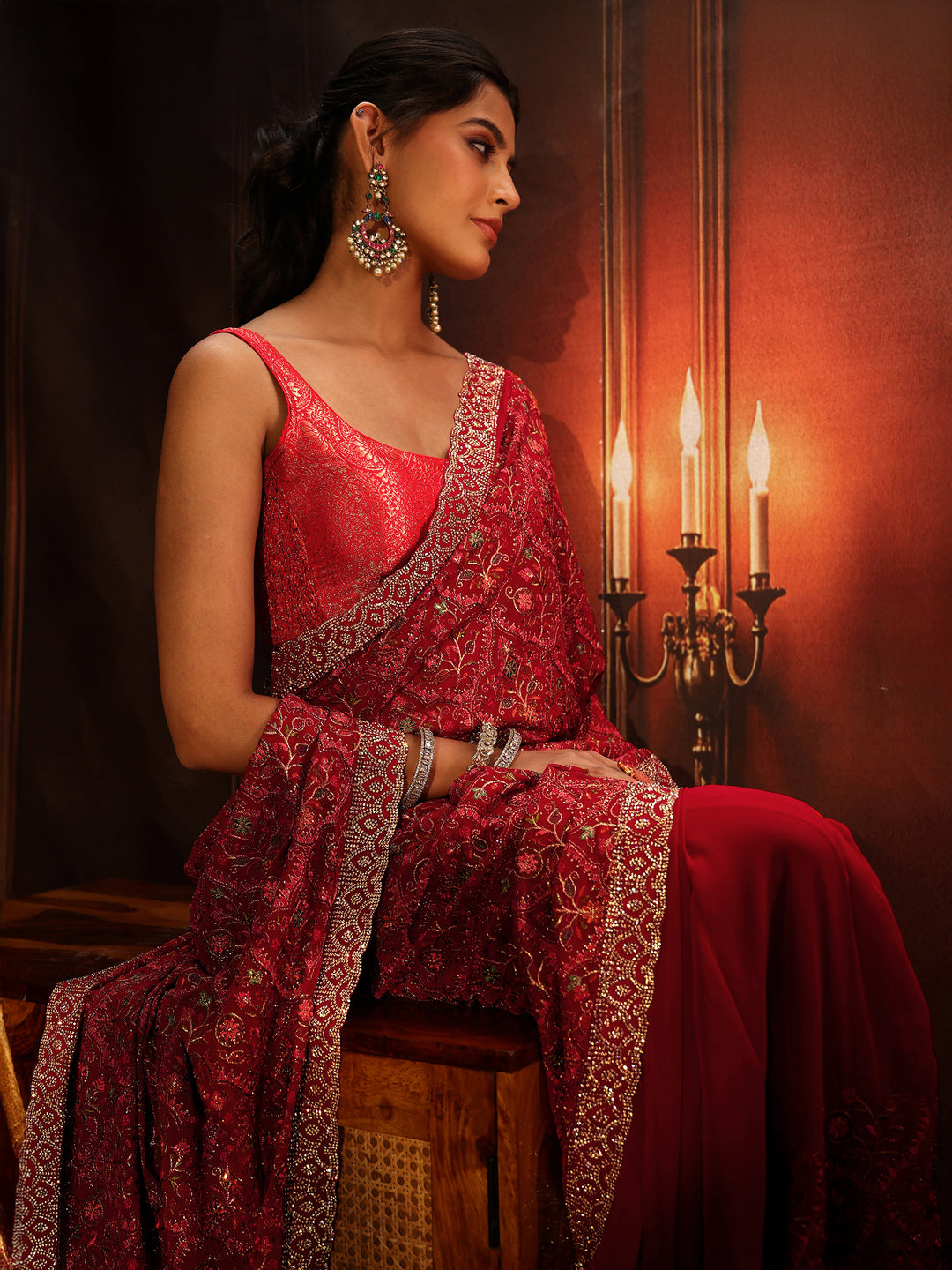 Libas Art Crimson Red Floral Embroidered Georgette Saree
