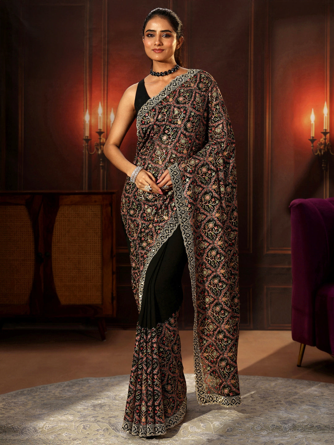 Libas Art Black Floral Embroidered Georgette Saree