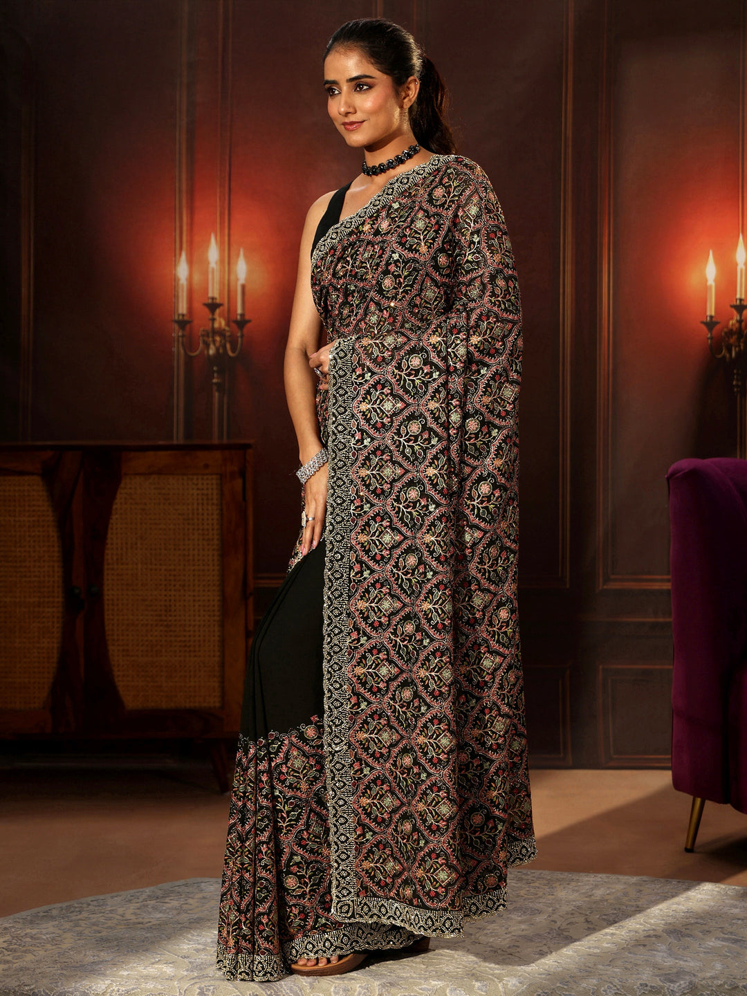 Libas Art Black Floral Embroidered Georgette Saree