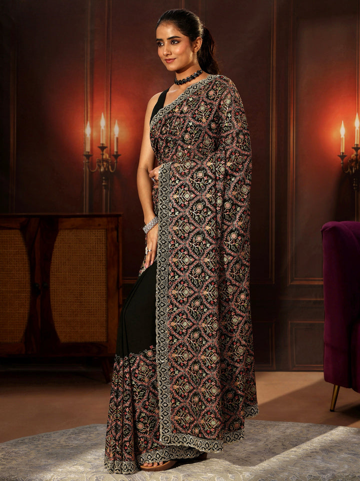 Libas Art Black Floral Embroidered Georgette Saree