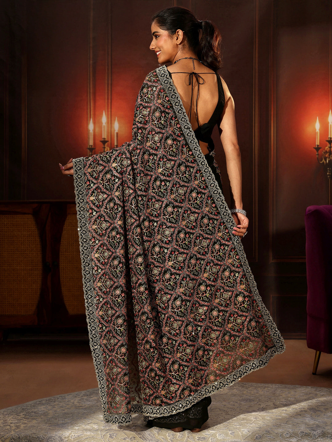 Libas Art Black Floral Embroidered Georgette Saree