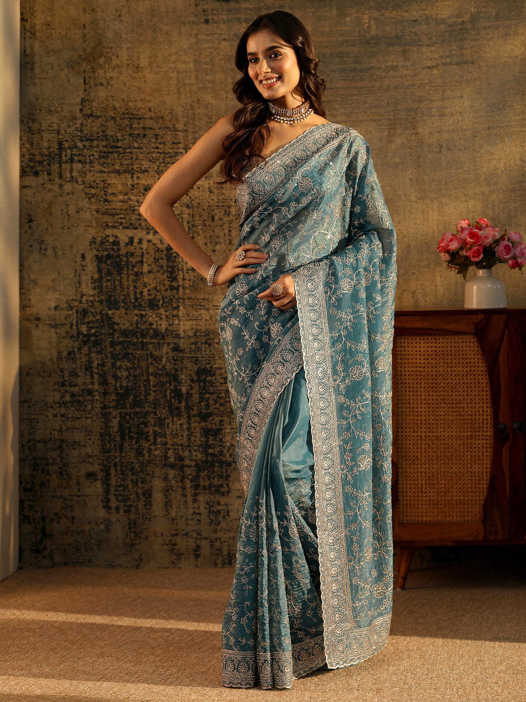 Libas Art Dusty Blue Floral Embroidered Satin Saree