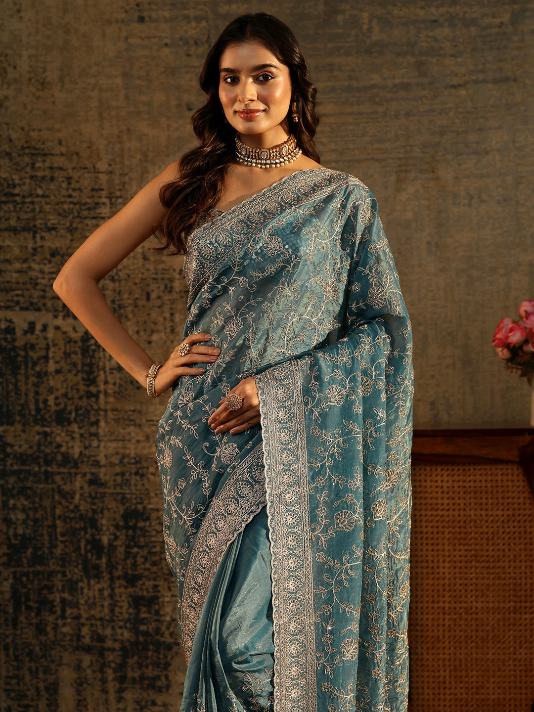 Libas Art Dusty Blue Floral Embroidered Satin Saree