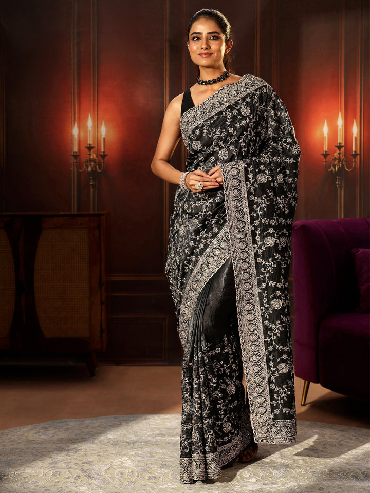 Libas Art Black Floral Embroidered Satin Saree