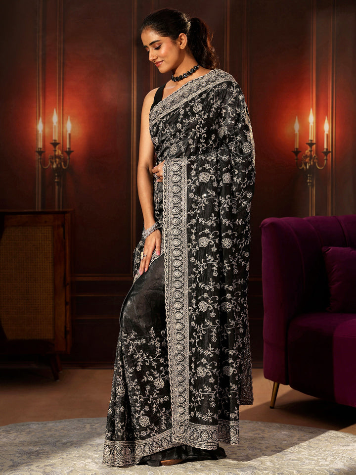 Libas Art Black Floral Embroidered Satin Saree