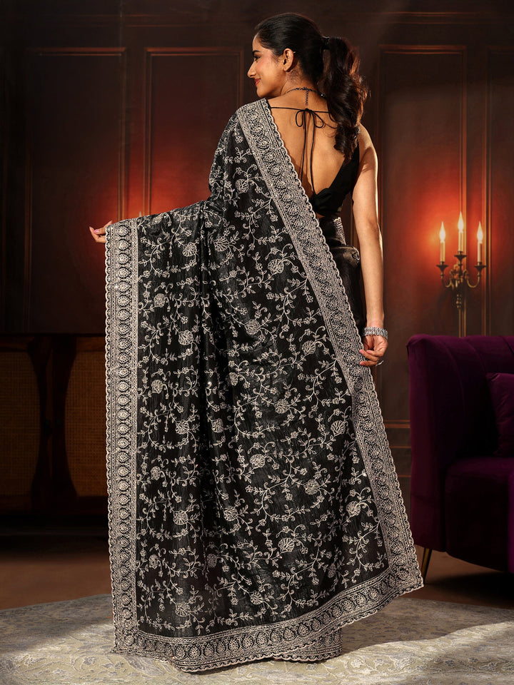 Libas Art Black Floral Embroidered Satin Saree