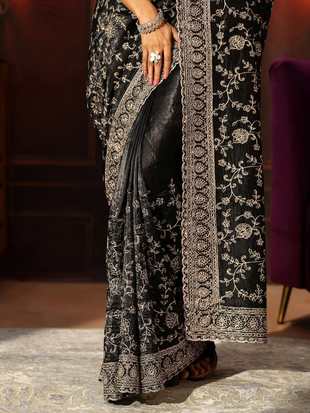 Libas Art Black Floral Embroidered Satin Saree