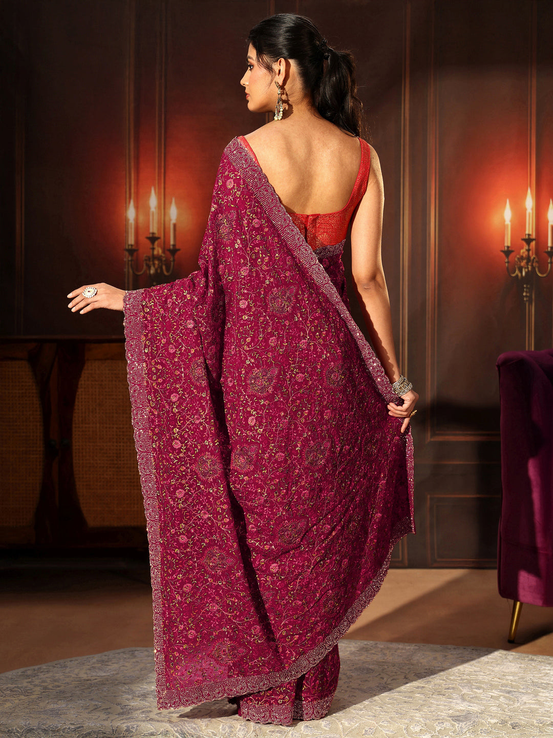 Libas Art Magenta Pink Floral Embroidered Georgette Saree