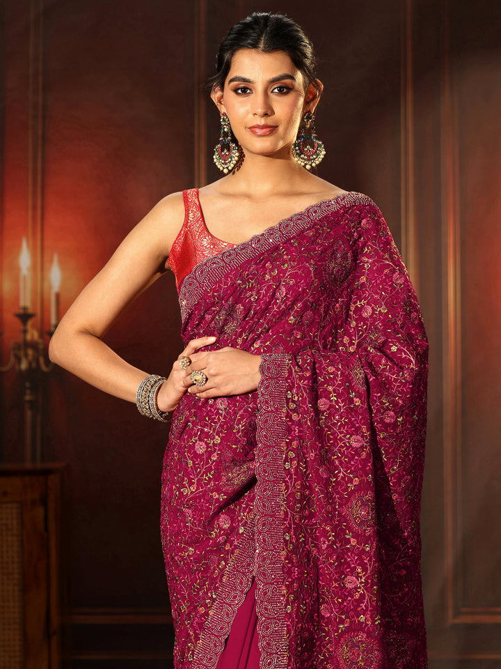 Libas Art Magenta Pink Floral Embroidered Georgette Saree