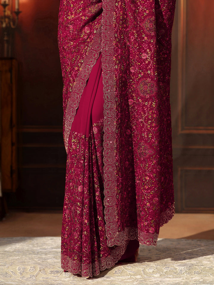 Libas Art Magenta Pink Floral Embroidered Georgette Saree