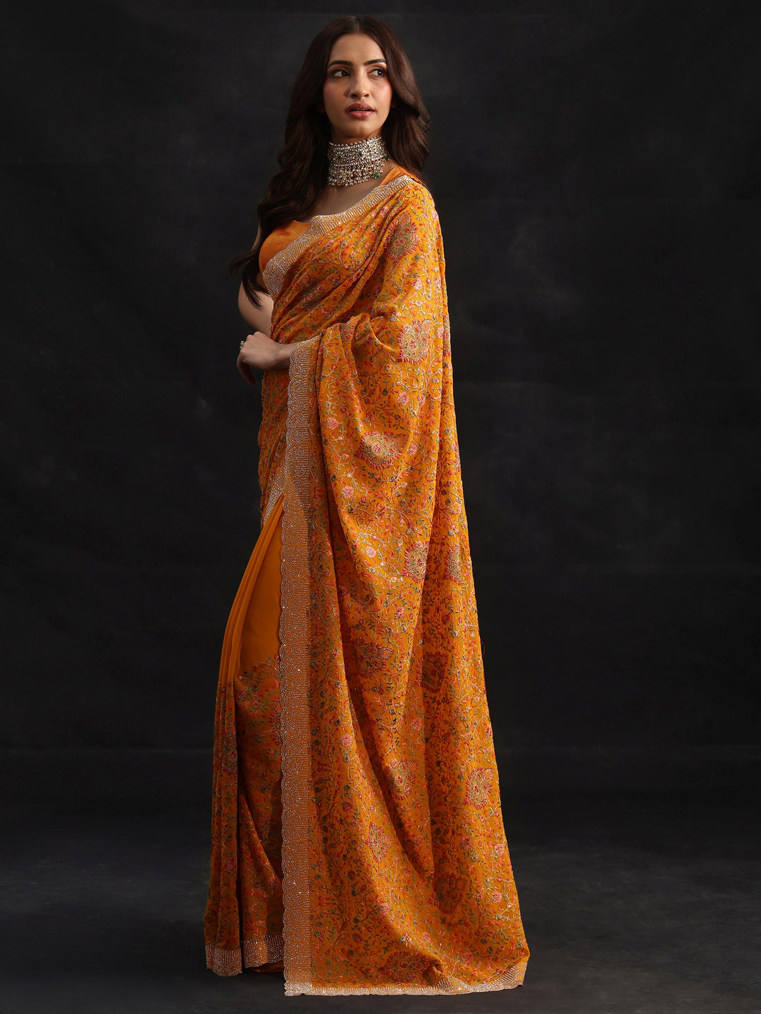 Libas Art Mustard Floral Embellished Georgette Saree