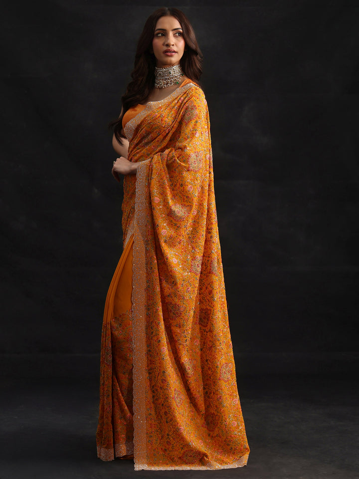Libas Art Mustard Floral Embellished Georgette Saree