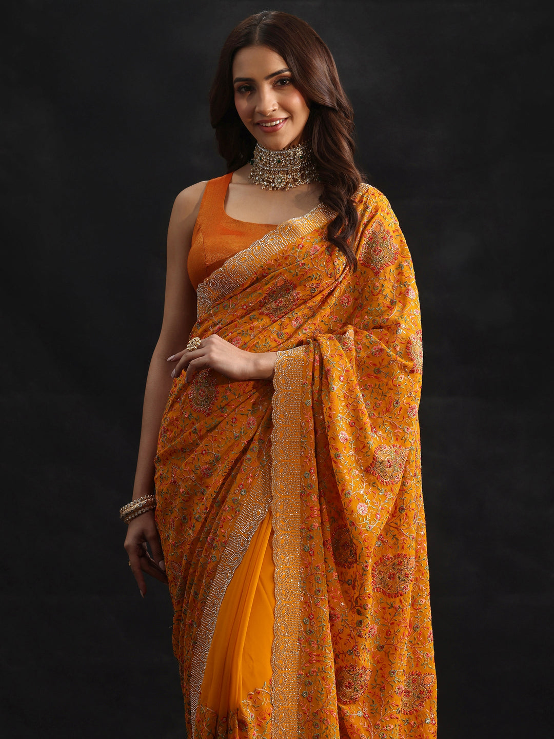 Libas Art Mustard Floral Embellished Georgette Saree