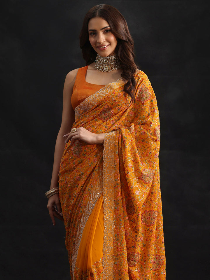 Libas Art Mustard Floral Embellished Georgette Saree