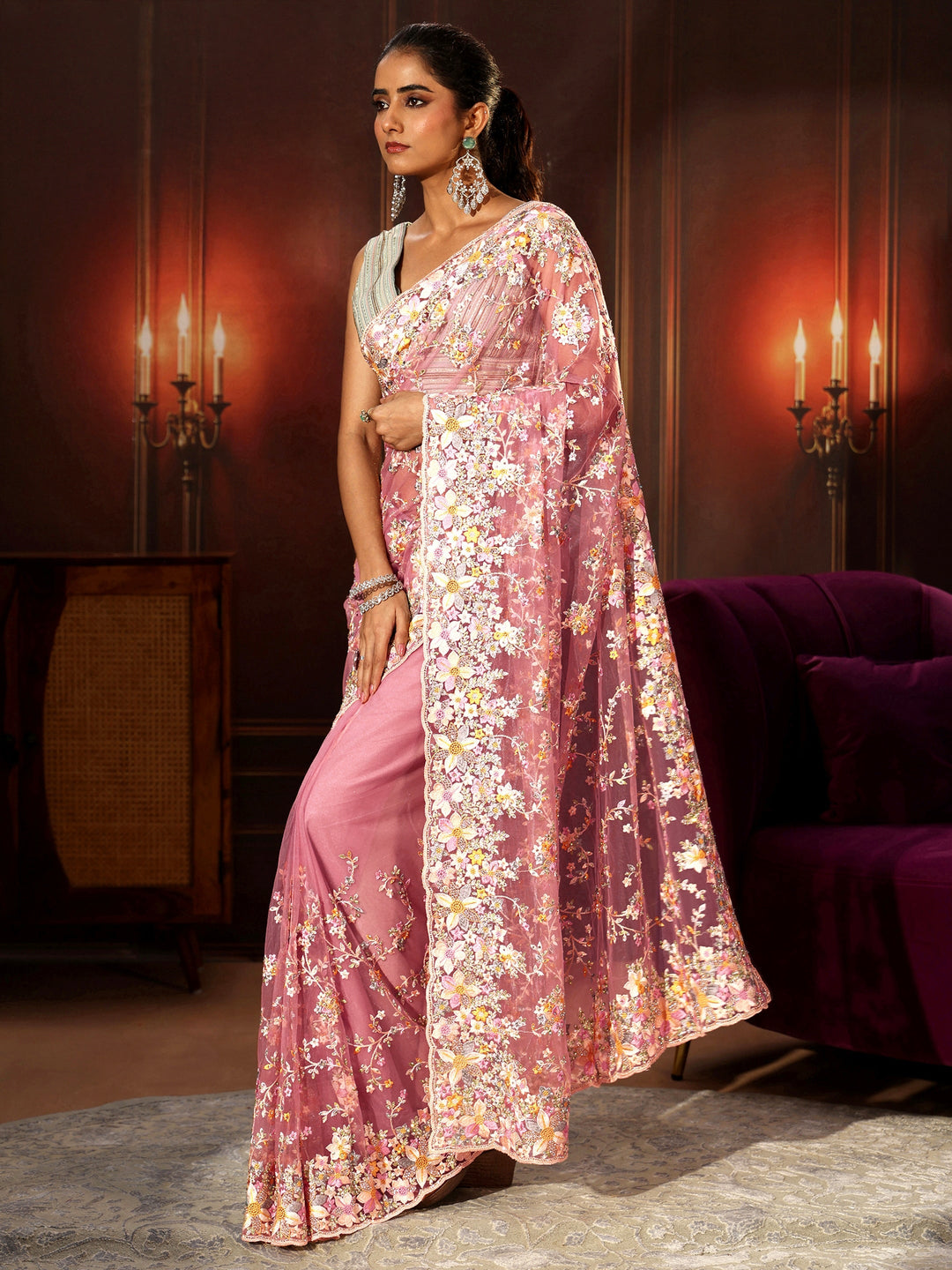Libas Art Rose Pink Floral Embroidered Net Saree