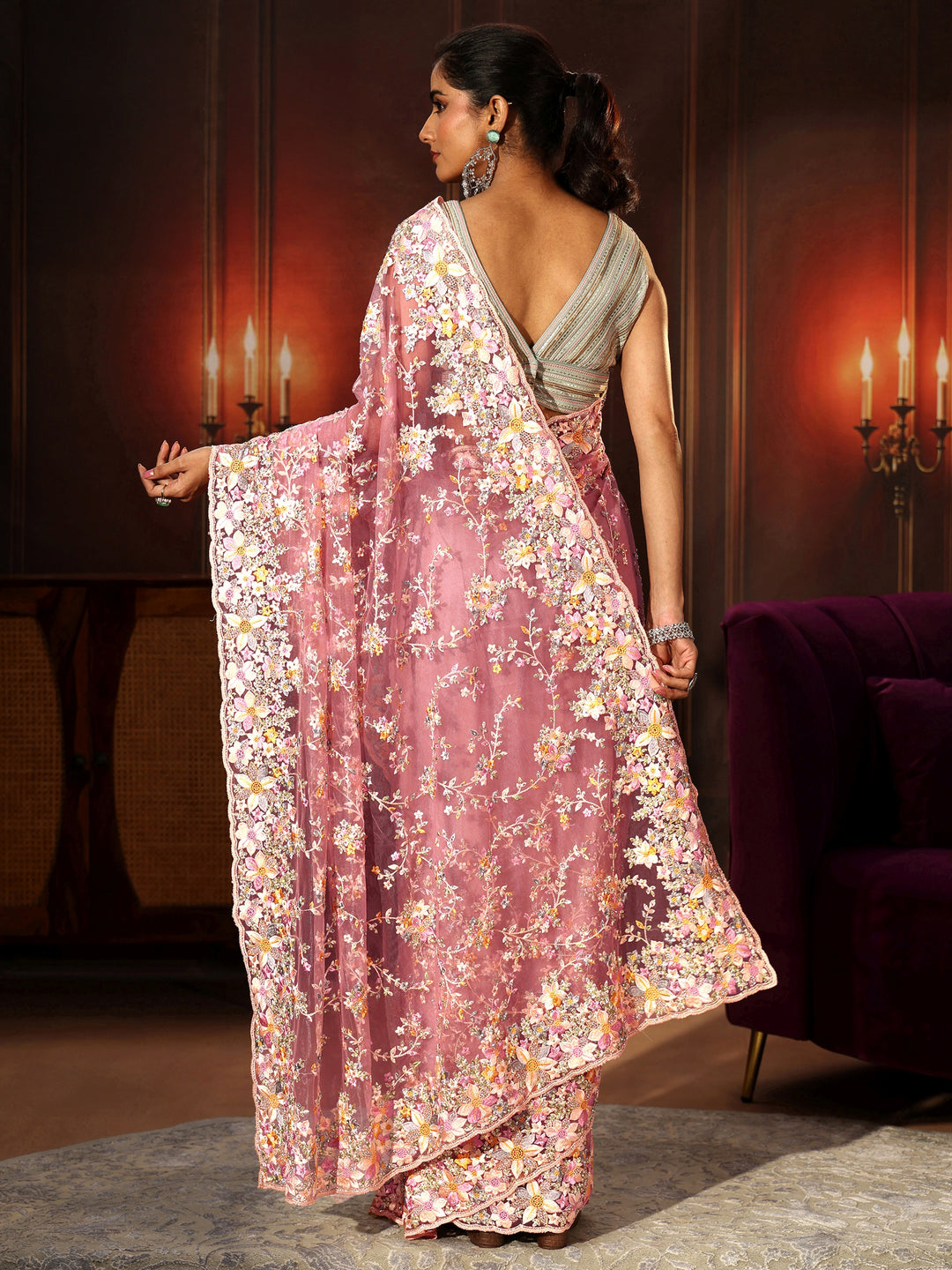 Libas Art Rose Pink Floral Embroidered Net Saree