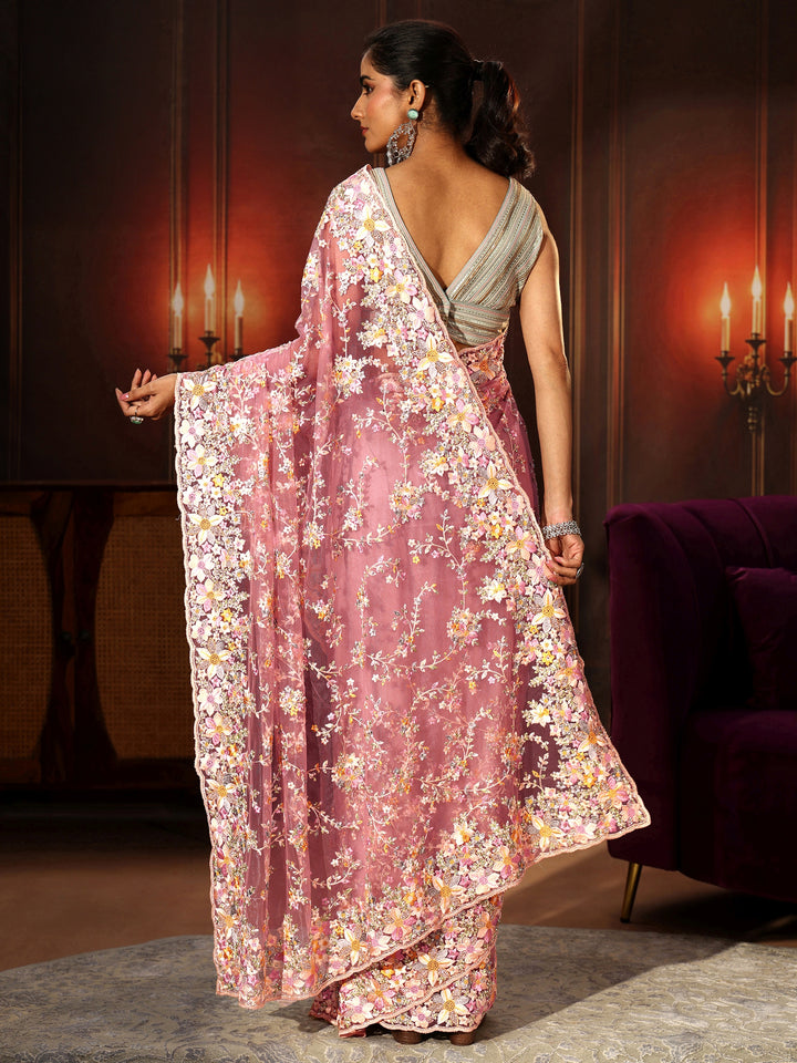 Libas Art Rose Pink Floral Embroidered Net Saree