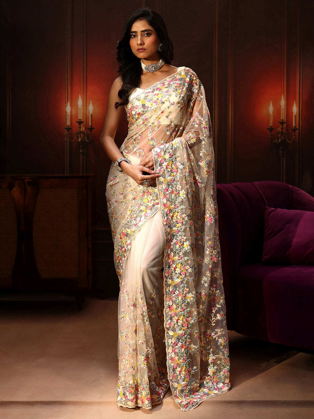 Libas Art Cream Floral Embroidered Net Saree