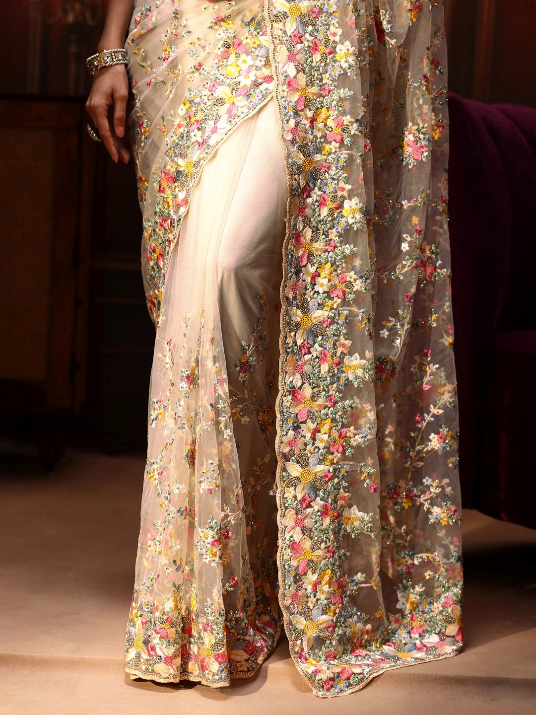 Libas Art Cream Floral Embroidered Net Saree