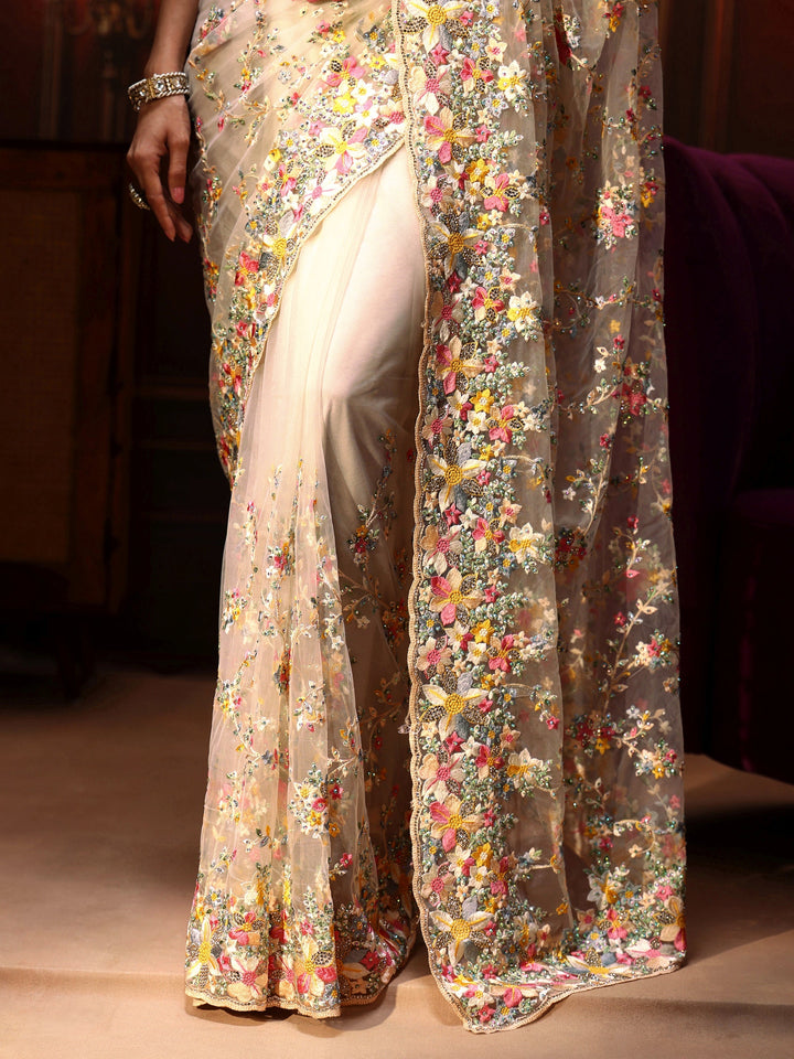 Libas Art Cream Floral Embroidered Net Saree