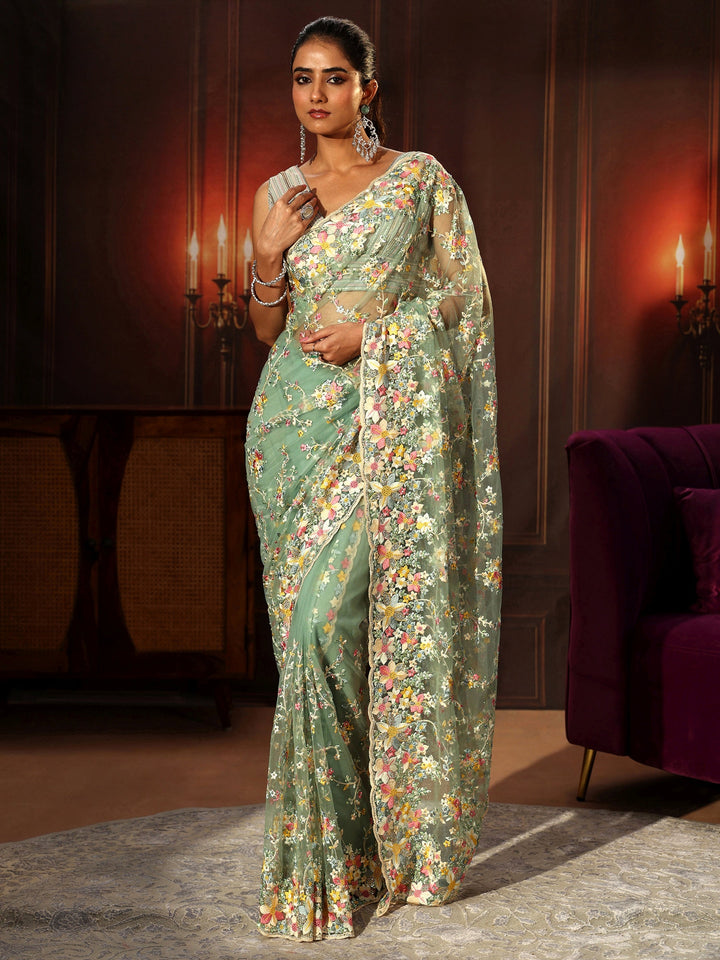 Libas Art Sea Green Floral Embroidered Net Saree